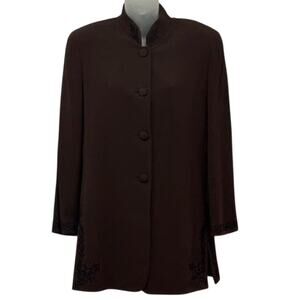 Vintage Anne Klein II Mandarin Collar Brown Embroidered Blazer Jacket Size 8P
